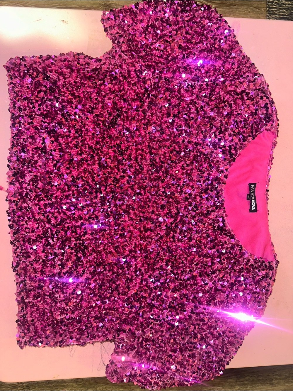Fashion Nova Hot Pink Sequin Short Sleeve Top